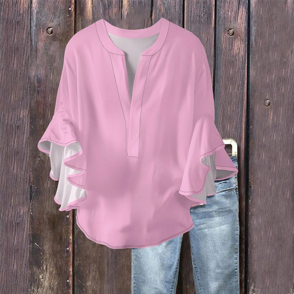 Women's Pure Color Blouse Navy Blue & White Bubble Crepe Shirt with V-Neck and Ruffled Flounce Sleeves, Chic Modern Casual Top