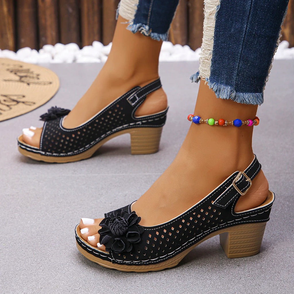 Women's Chunky Heel Sandals Summer 2025 Fashion Flower Hollow Beach Shoes Lightweight High Heeled Casual Sandals for Women