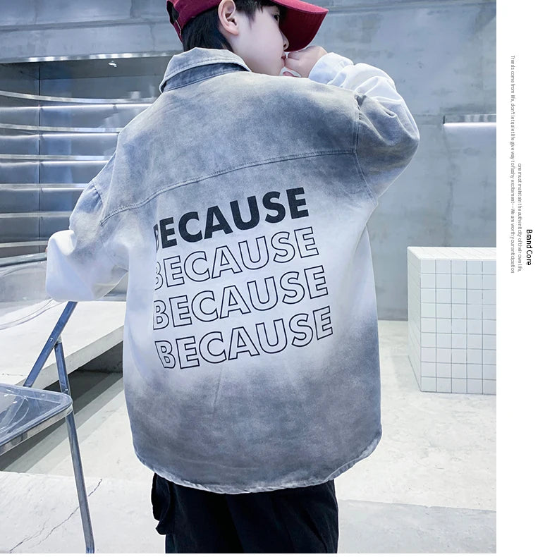 Loose Teenage Boy Gray Gradient Denim Shirt Jacket For Child Age 5 6 7 8 9 10 11 12 13 14 Years Kids Casual Spring Clothing Coat