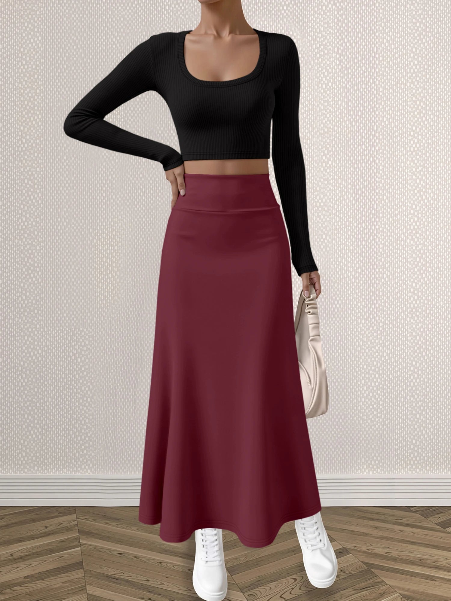 Mature Style Women 2Pcs Outfit, Ribbed Square Neck Crop Top + High Waist Draped A-Line Maxi Skirt