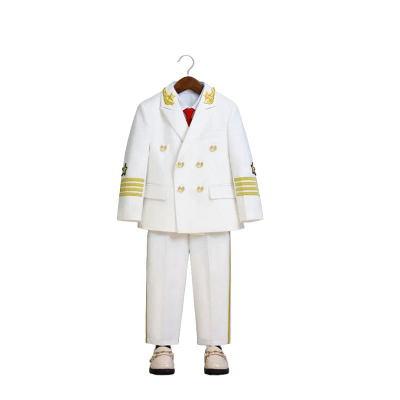Boys Girls School Ceremony Costume Flower Boys Grils Pilot Uniform Suit Kids Formal Jakcet Pants Tuxedo Wedding Dress