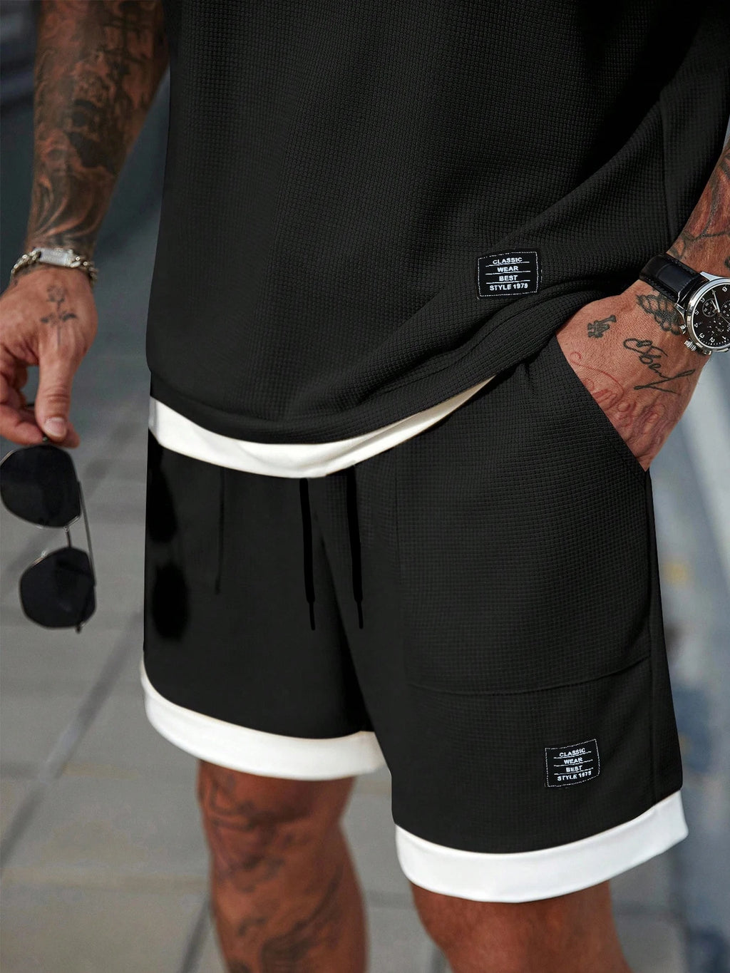 Men's Casual Athletic Set — Knitted fabric with slight stretch; available in medium-to-large sizes. Features a 2-in-1 elastic wa