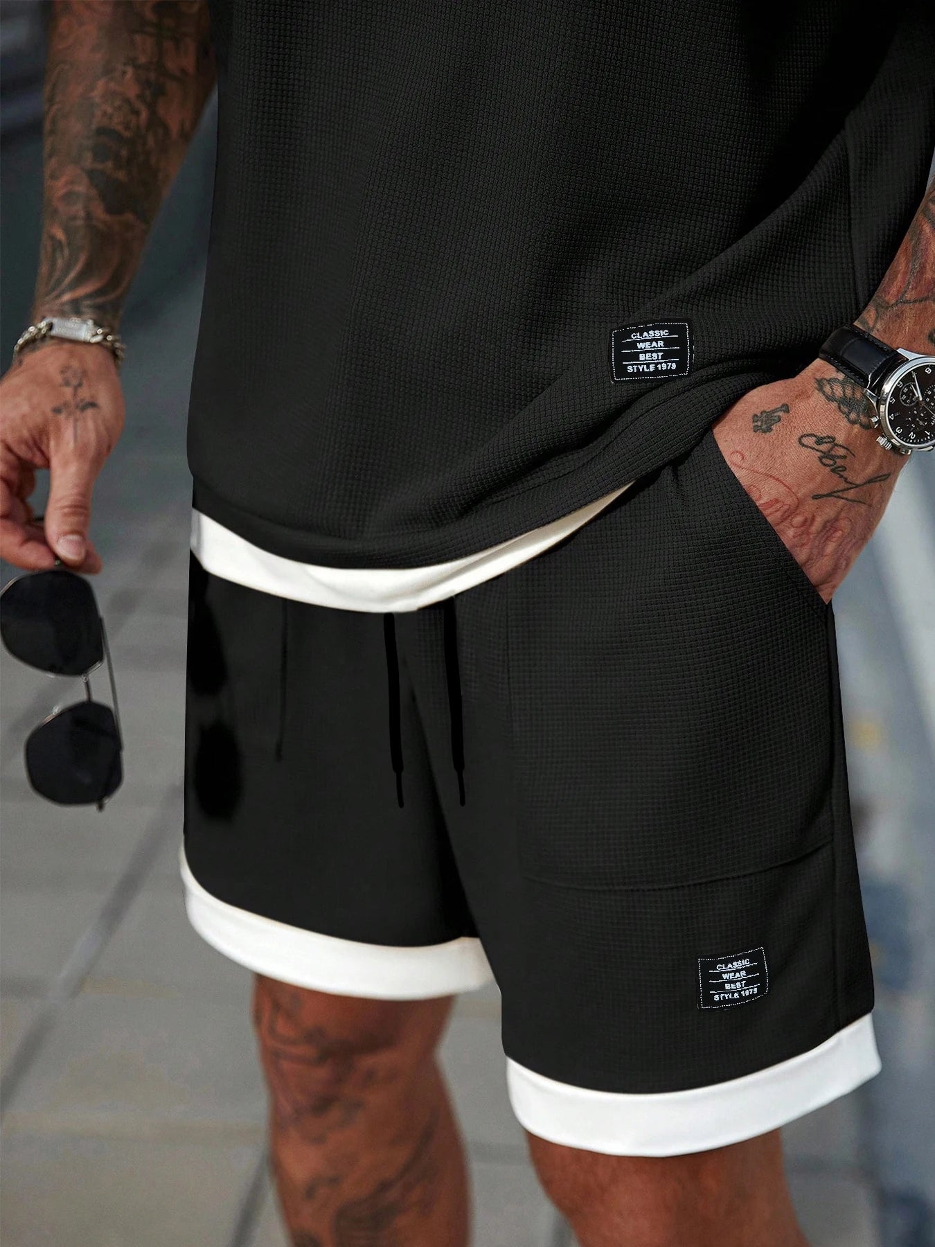 Men's Casual Athletic Set — Knitted fabric with slight stretch; available in medium-to-large sizes. Features a 2-in-1 elastic wa