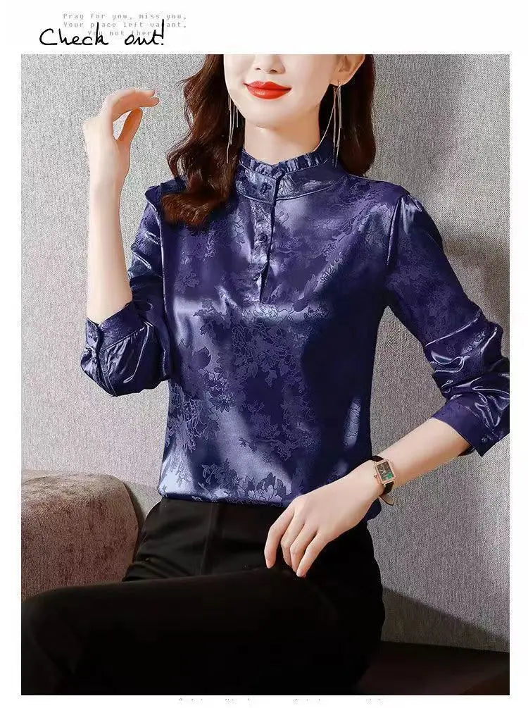 Premium Satin Blouse Women Spring Age-Reducing Print Loose Long Sleeve Top Fashion Elegant Collar Shirt