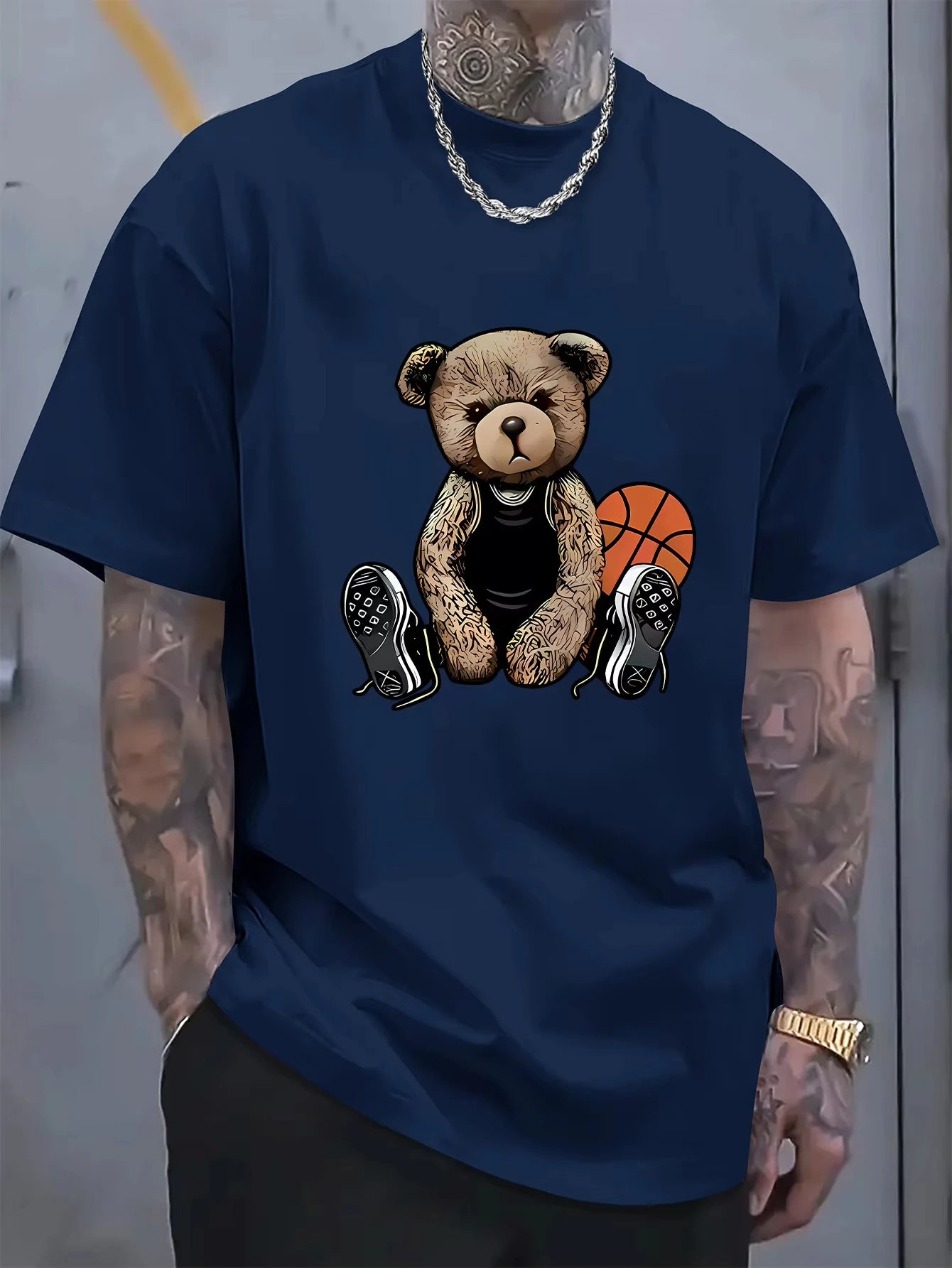 Men's Summer Fashion Fun Basketball Bear Print Comfortable Breathable Round Neck T-shirt Outdoor Casual Top