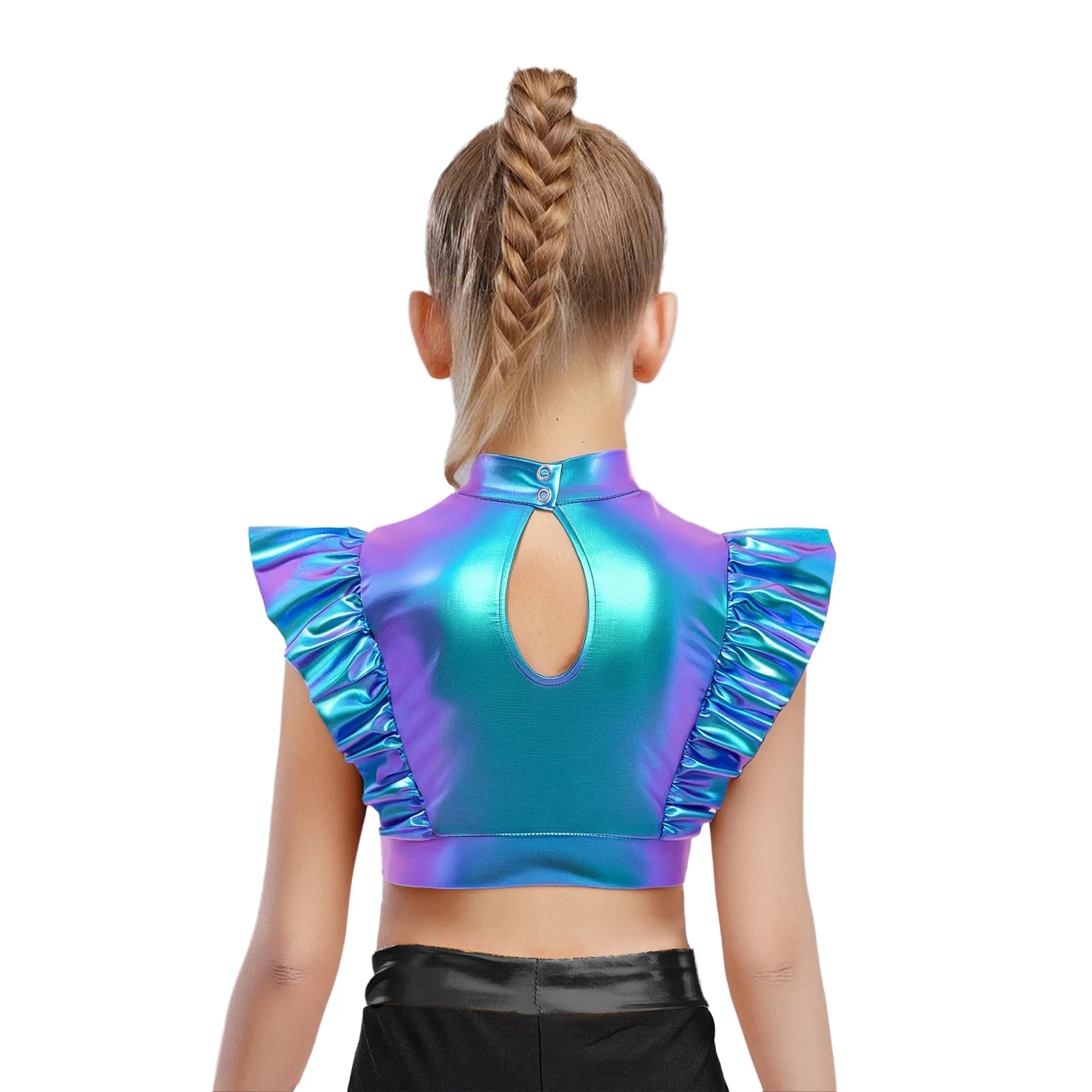 Kid Girls Hip Hop Dance Clothes Kids Jersey Sequin Tiered Skirt Long Tank Top Jazz Metallic Holographic Crop To Cheerleading Set