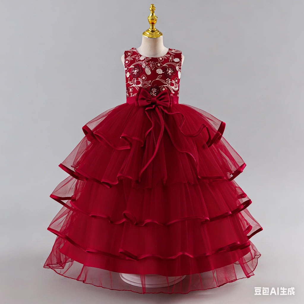 Girls Princess Dress Sleeveless Lace Embroidery Tiered Tulle Bow Formal Evening Gown for Wedding Birthday Party Christmas
