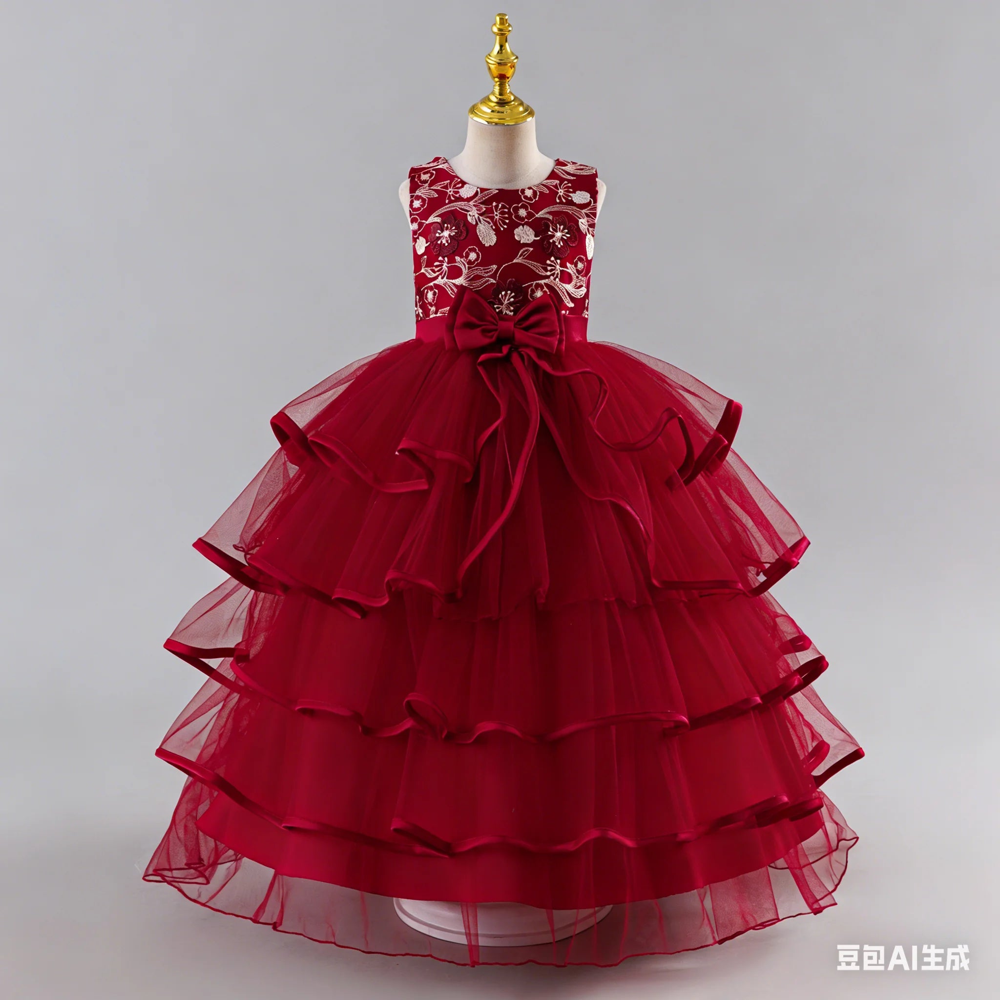 Girls Princess Dress Sleeveless Lace Embroidery Tiered Tulle Bow Formal Evening Gown for Wedding Birthday Party Christmas