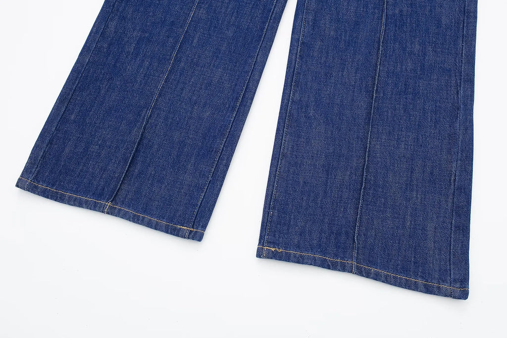 HH 2024 Spring Women 2 Piece Denim Trousers Suits Solid O Neck Coat Top + Pockets Elegant Female Straight Wide Leg Long Pant