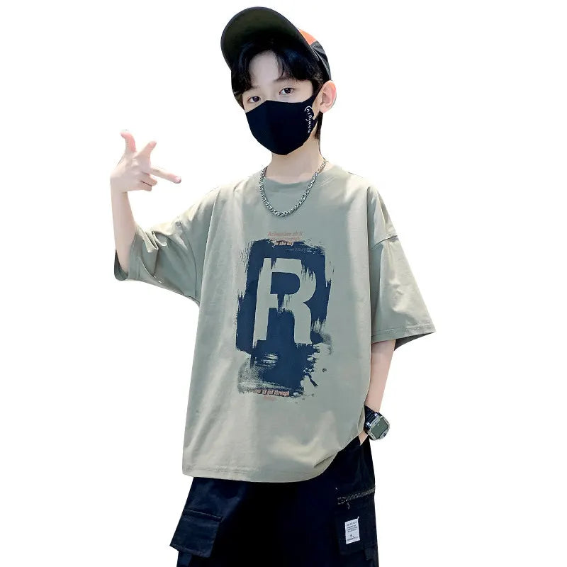 New Kids Boy Casual Tshirts Tops Novelty Printed Summer Children's T-shirt Short Sleeve Clothes Teenager Khaki Black Cotton Tees