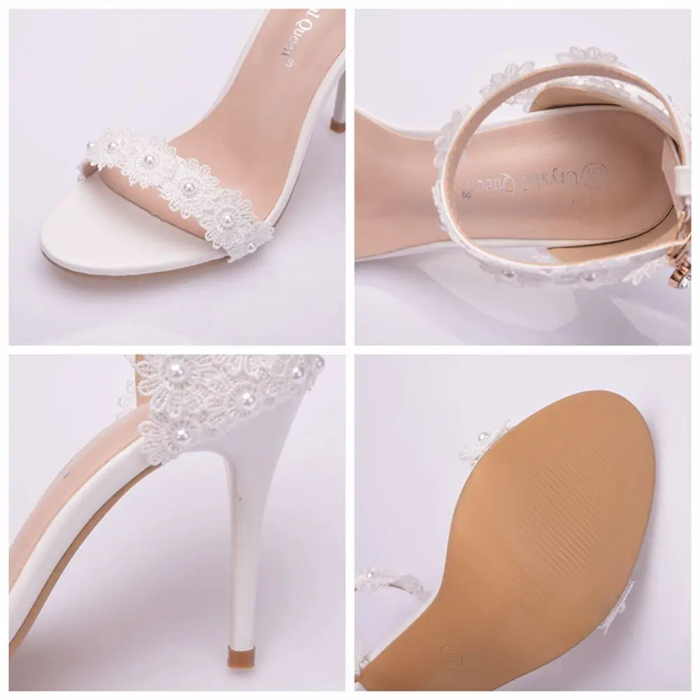 Women Shoes 9cm High Heel Sandals Summer Open toe Thin High Heels Luxury Lace Pearl Flower Wedding Shoes Bride Dress Pumps 34-43