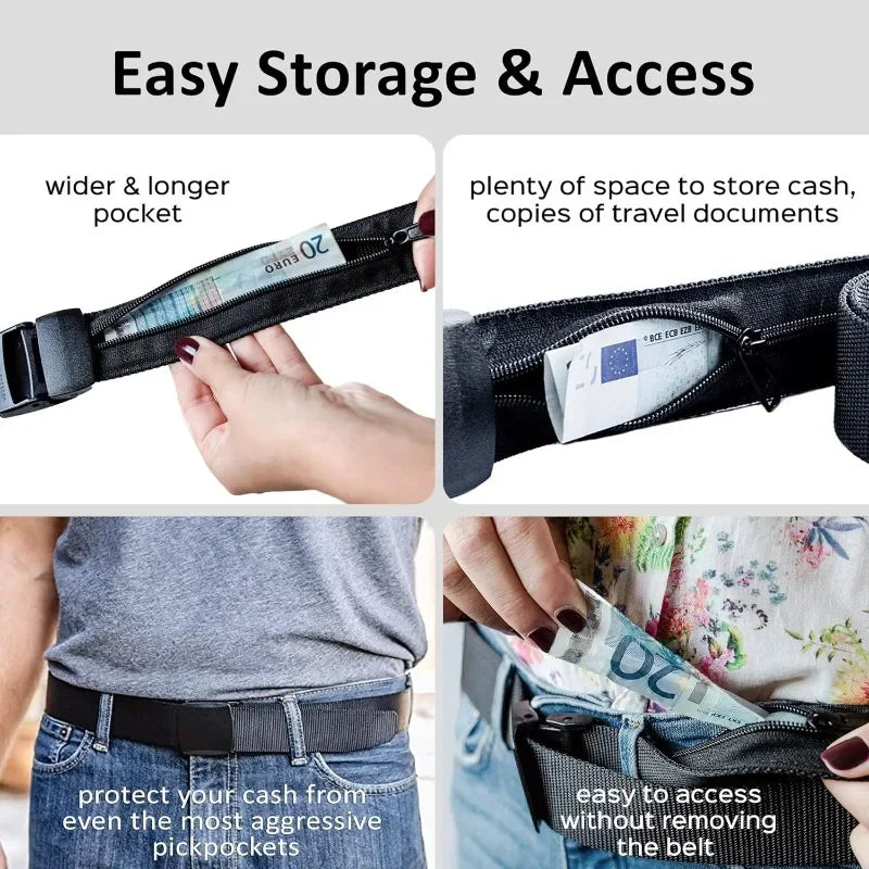 Anti-Theft Money Belt Hidden Wallet RFID Blocking Waist Strap for Travel Secret Cash Pouch Men Women Unisex Security Waist Pack