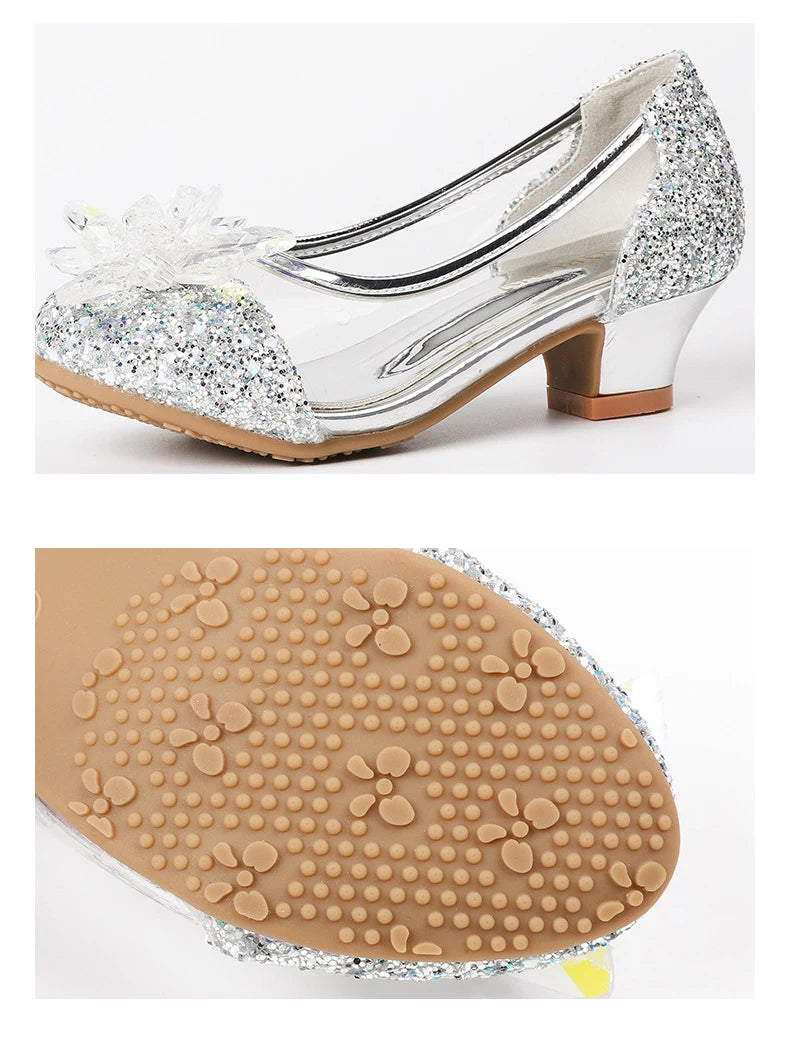 Pink Blue Princess Dance Shoes for Girls Low Heels for Kids Birthday Party Glitter Crystal Diamond Shoe Child Gown Leather Shoes