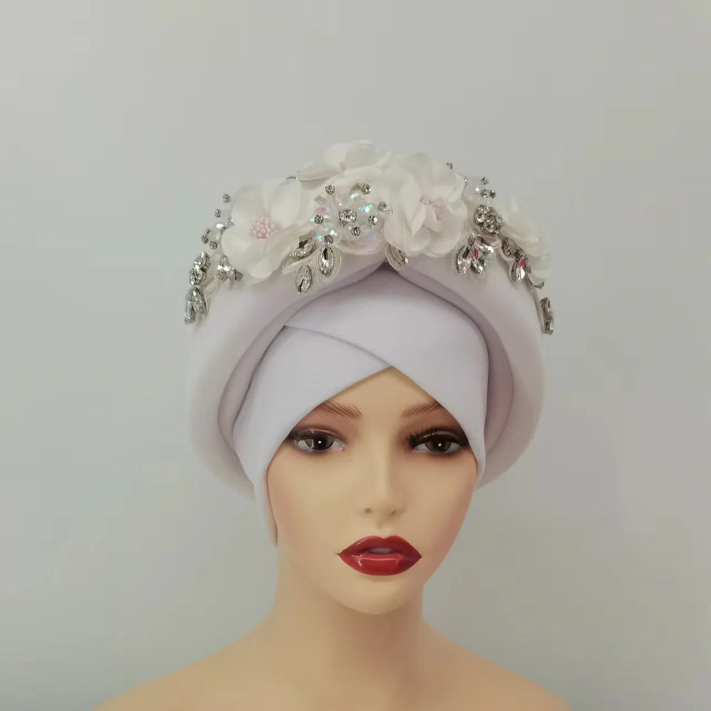 Beaded Nigeria Gele Ready African Headtie Female Head Wraps Party Headpiece Muslim Headscarf Hat Women's Turban Cap with Stones