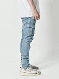 Men's street elastic workwear jeans washed solid color multi pocket casual mid waist pants slim fit daily wear jogging pants