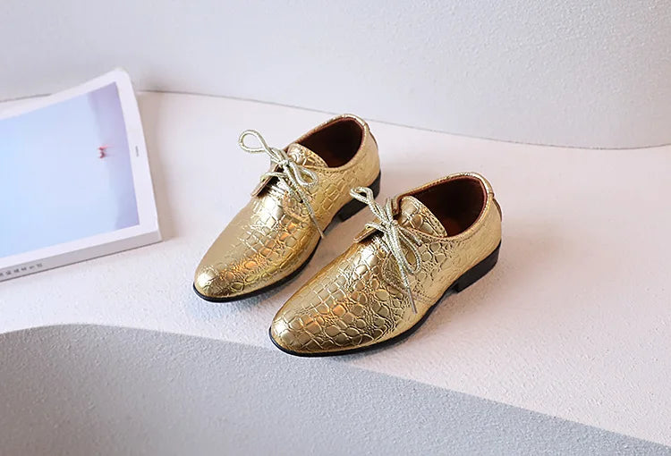 Boys Leather Shoes Pointed Toe Children Performance Shoes Low Heels British Style School Kids Shoes Gold Lace Up Casual Loafers