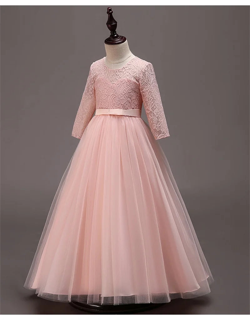 Elegant Dress For Teenage Girl Lace White Long Sleeve Wedding Princess Dresses For Children Prom First Communion Long Puffy Gown