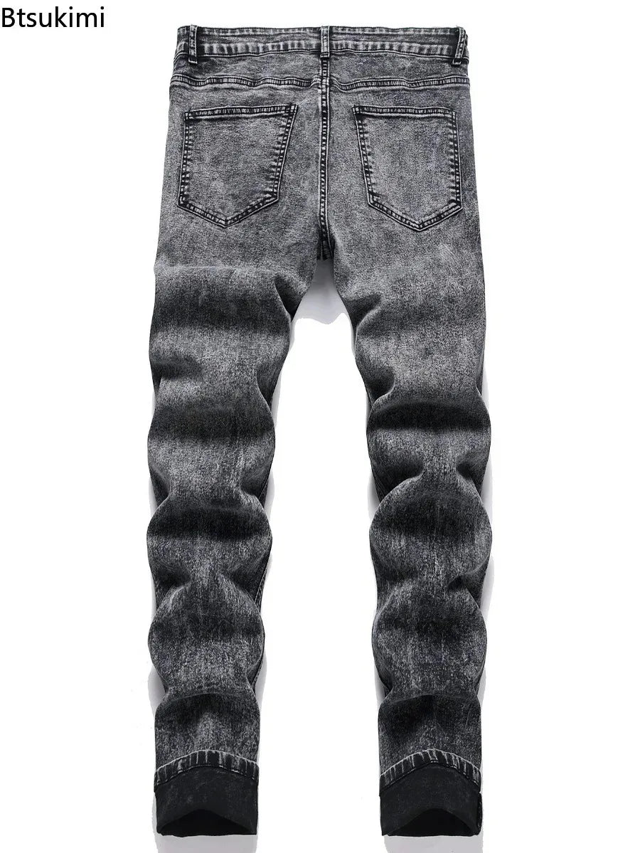 Men's High Street  Black Jeans Stretch Slim Fit Small Feet Pants Ripped Distressed Motorcycle Trouser Men Streetwear Denim Pants