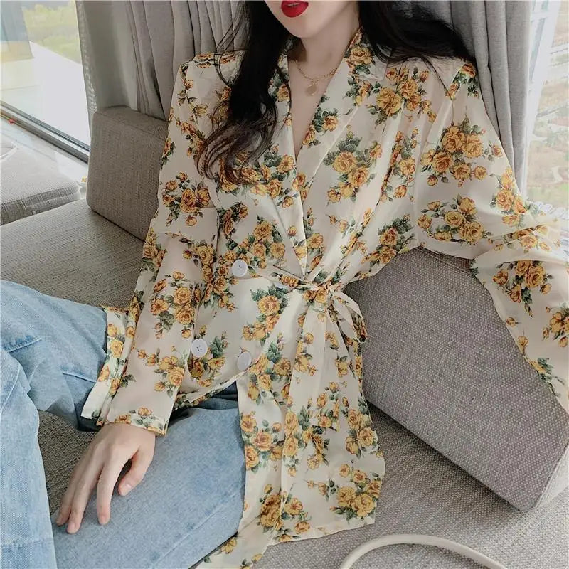 Women's Shirts And Blouses Button Up Top For Woman With Bow Clothing Floral Loose Sleeves Y2k Elegant Youth Xxl Stylish M
