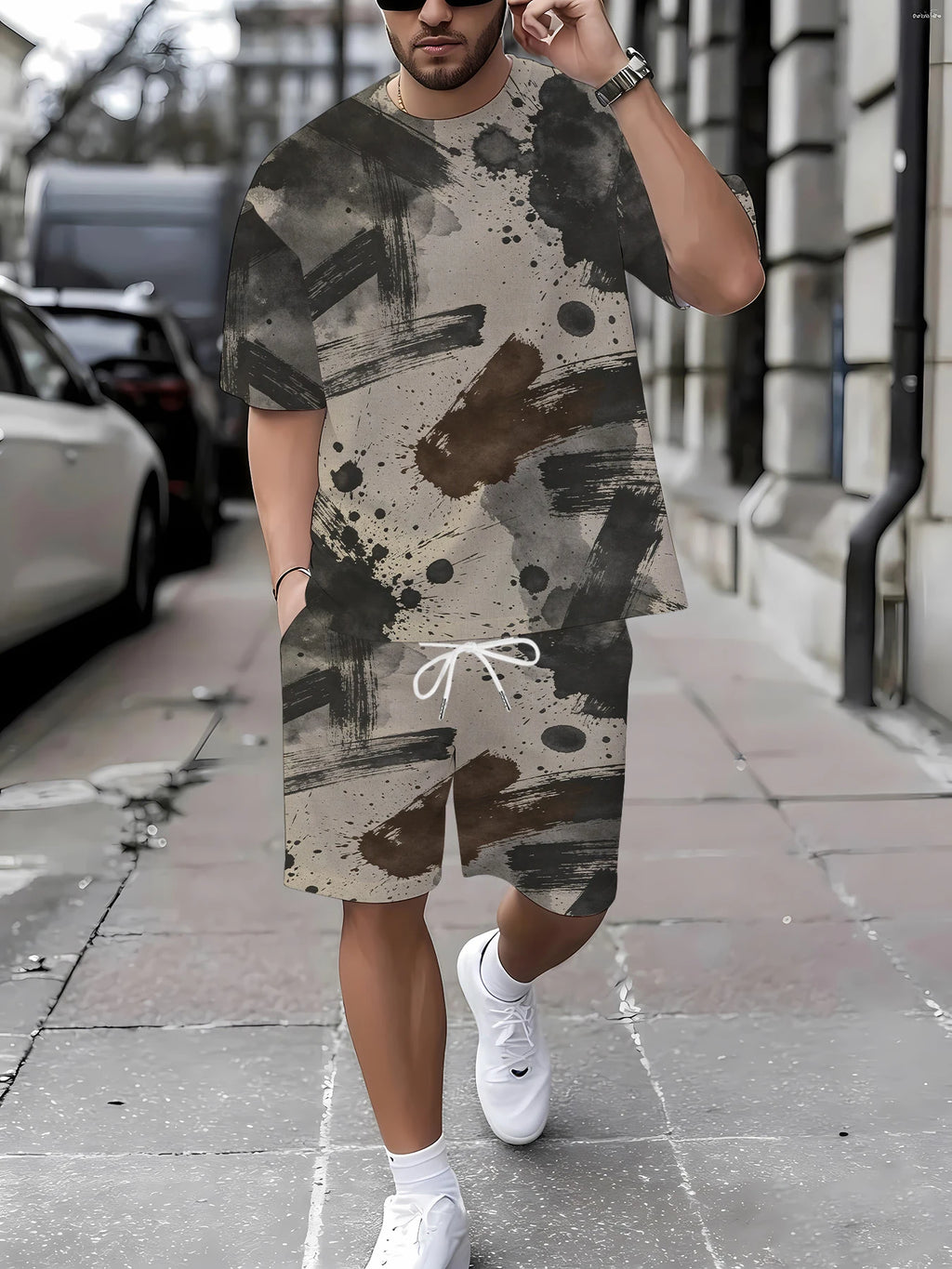Summer Men's 2-Piece Print Set Casual Loose T-Shirt & Elastic Waist Shorts Outfit