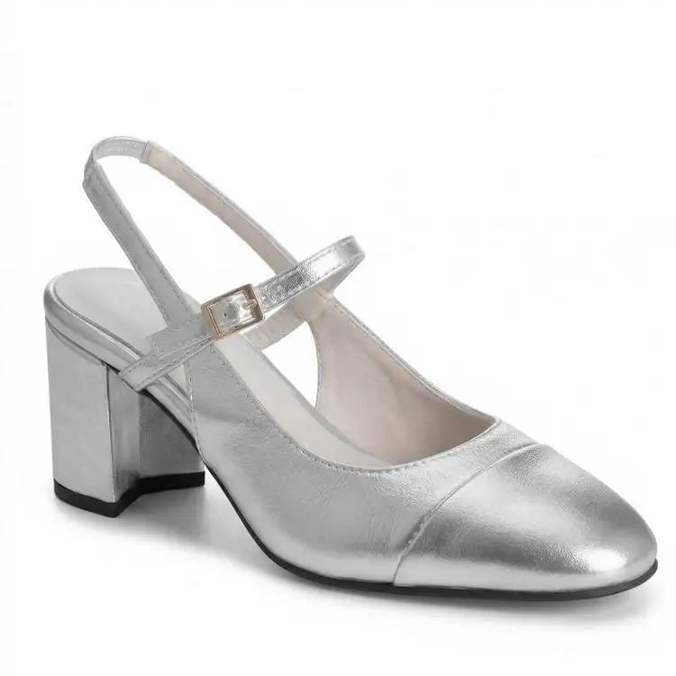 Mary Jane Colorful Leather Single Shoes Female Round Toe Back Empty Buckle Strap Women’s Sandals 7cm Chunky High Heels Office DE