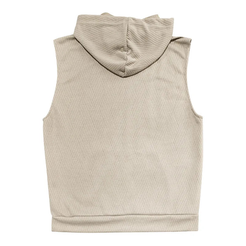 2026 Men's Casual 2 Piece Set Fashion Jacquard Knitted T-shirt Hooded Sleeveless Vest Elastic Waist Shorts Jogging Fitness Suit