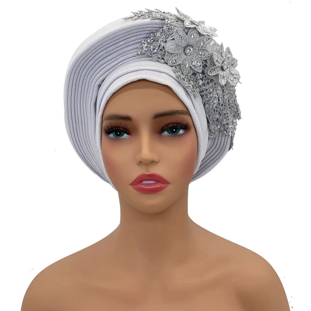 Elegant African Autogele Women's Turban Cap Nigeria Wedding Gele Ready to Wear Headtie with Embroidery Lace Party Headwear