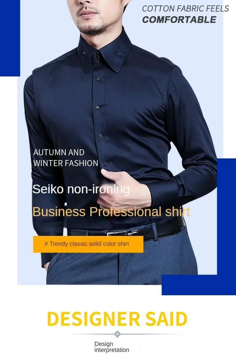Men's Dress Shirts Non-ironing Formal Collar Shirt Fashion Korean Slim Solid Color Business Casual Shirt White Spring Autumn