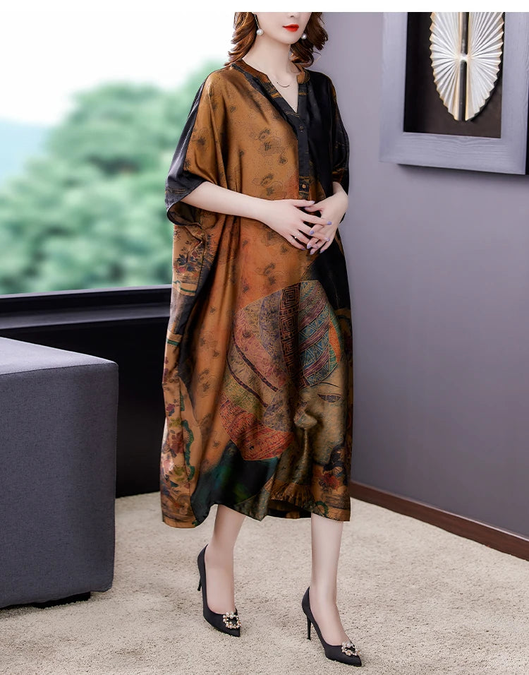 Mulberry Silk Dresses Women's New Summer Long Dress Female Fashion Loose V- Neck High-End Print Pullover Dresses