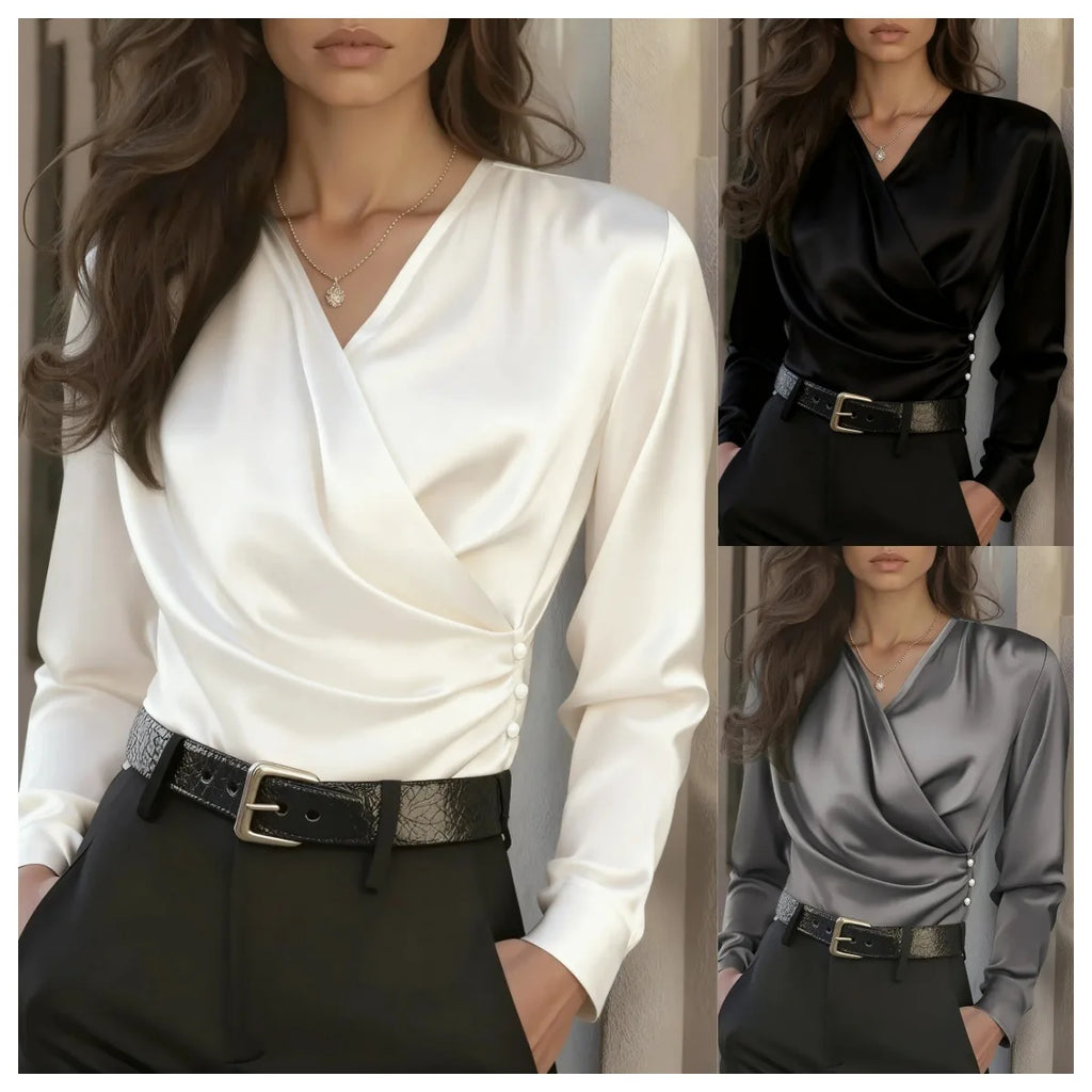 Fashion Blouses Women's New Black White French Style Simple V-neck Slim Folds Fit Versatile Commuting Shirts For Women Clothing