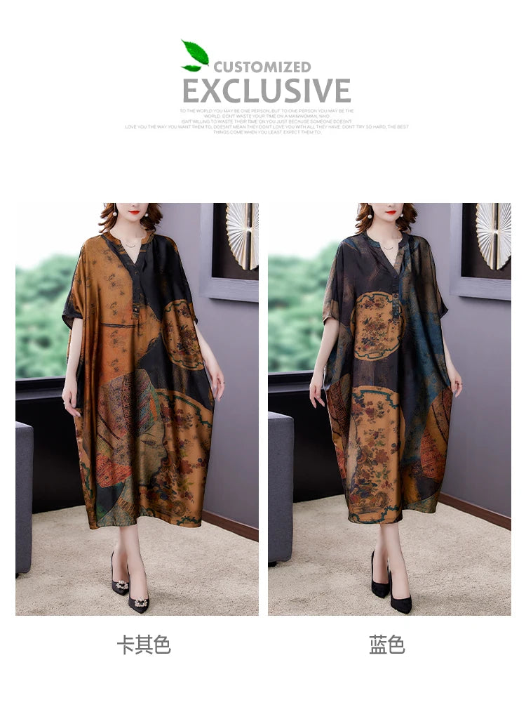 Mulberry Silk Dresses Women's New Summer Long Dress Female Fashion Loose V- Neck High-End Print Pullover Dresses