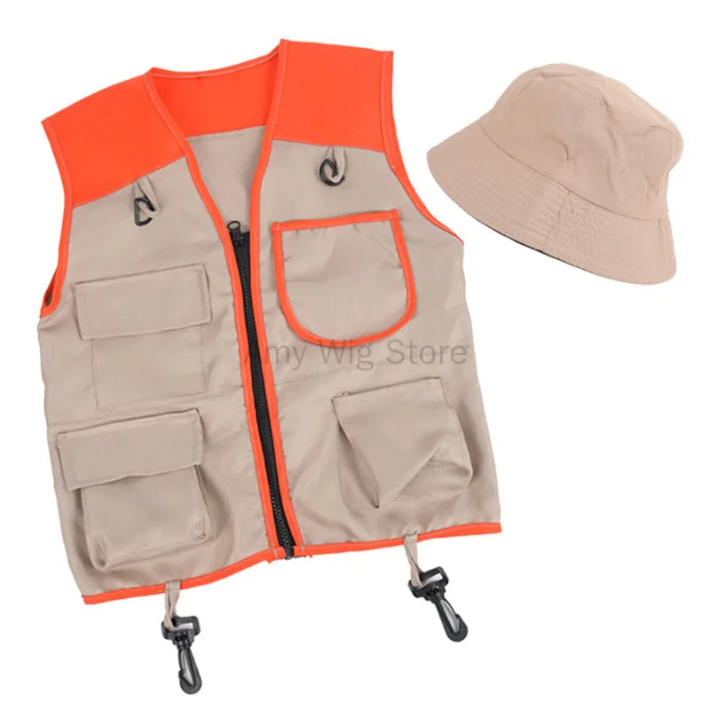Kids Explorer Vest and Hat Costume Safari Cargo Vest Boys Outdoor Adventure Kit for Young Kids Dress Up Pretend Play Costumes