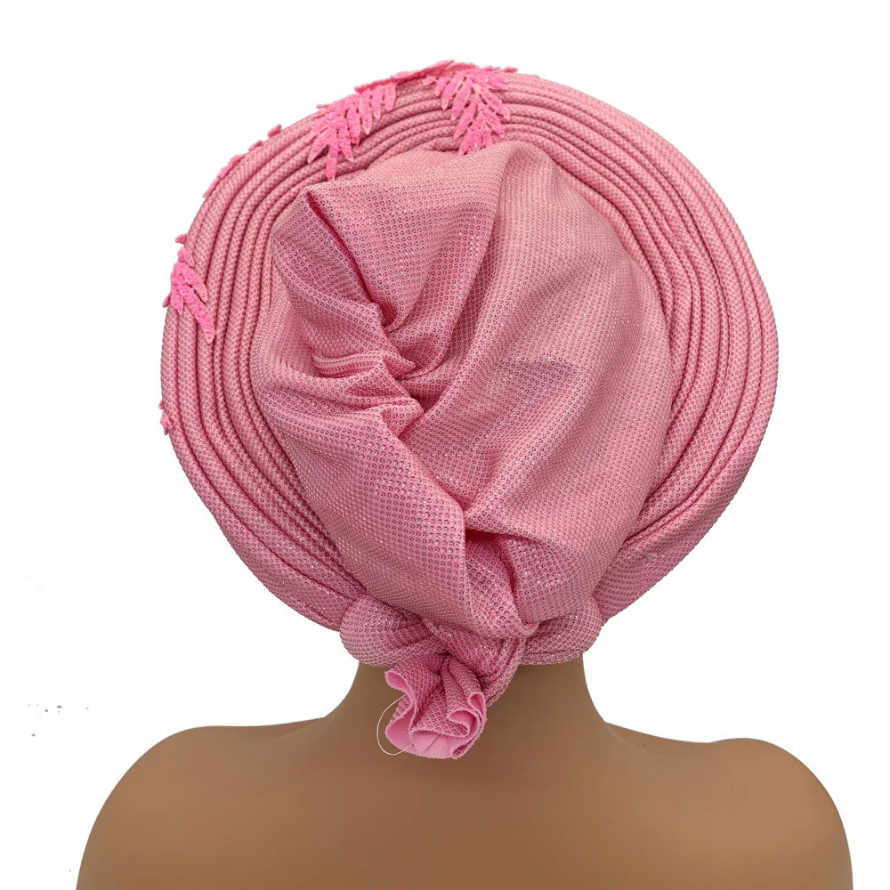 Elegant African Autogele Women's Turban Cap Nigeria Wedding Gele Ready to Wear Headtie with Embroidery Lace Party Headwear