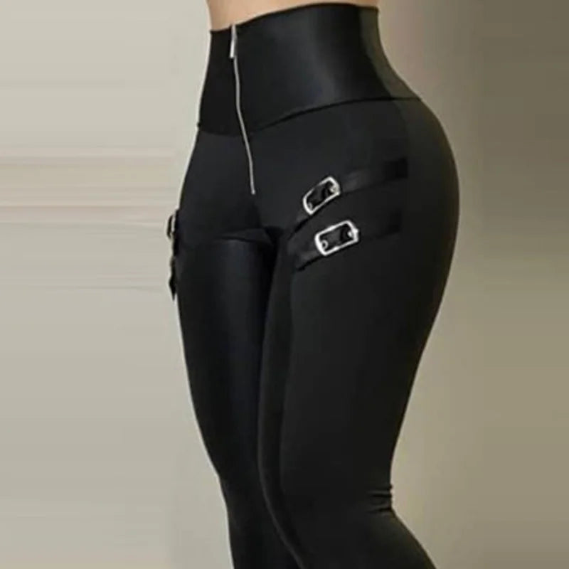 Ladies Black Leggings Trousers High-Waisted Casual Tight Pants Zipper Buckle Design Solid Color Female Cropped Trousers