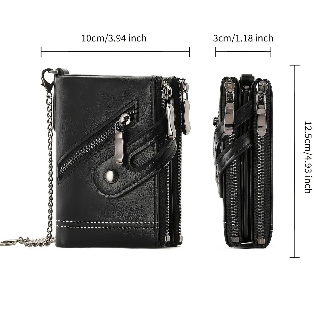 New Men's Chain Wallet RFID Anti-Theft Men's PU Leather Wallet Double Zipper Coin Purse Credit Card Holder for Men and Women