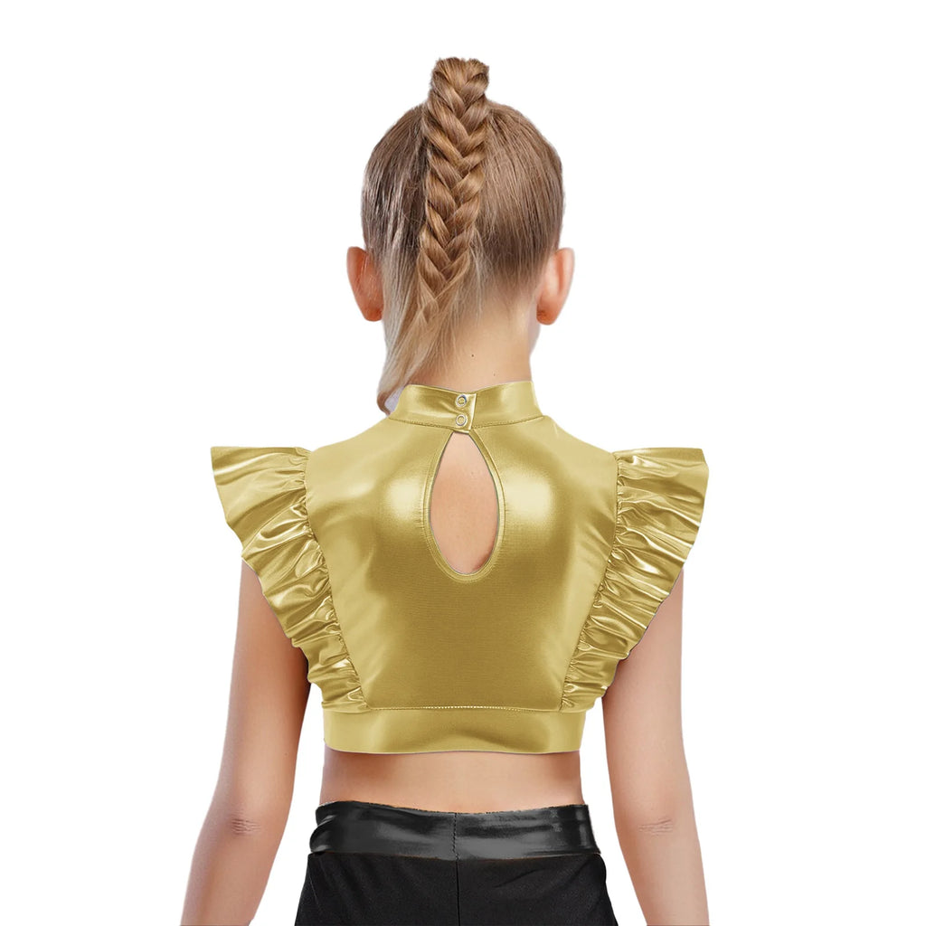 Kid Girls Hip Hop Dance Clothes Kids Jersey Sequin Tiered Skirt Long Tank Top Jazz Metallic Holographic Crop To Cheerleading Set