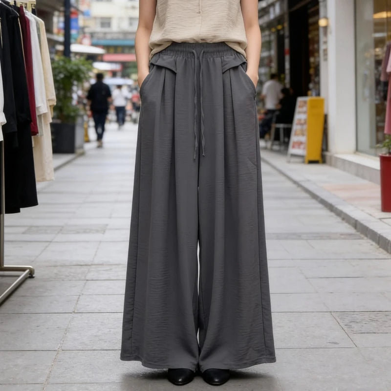 Women's Trousers New Fashion Solid Color High Waist Lace Up Thin Women's Wide Leg Pants Simple Drape Loose Casual Female Pants