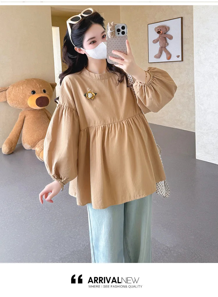 Maternity Blouse Spring Autumn Flower Round Neck Puff Long Sleeve Tops For Pregnant Women 2026 Loose Comfortable