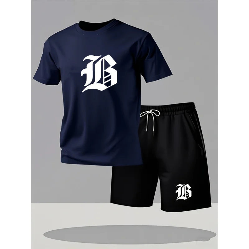 Men'S Casual Black T T-Shirt And Shorts Set，With A Bold“B”Printing - Machine Washable，Summer Streetwear