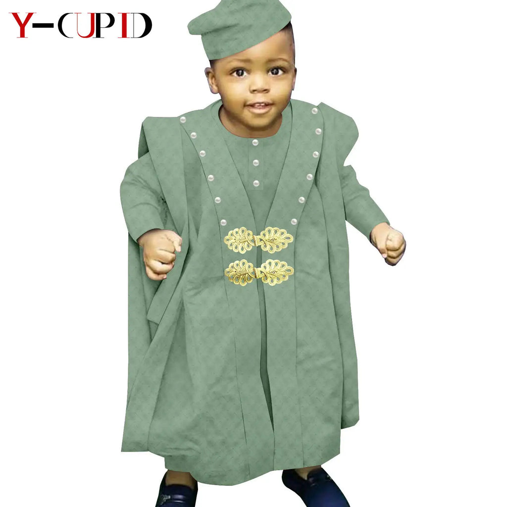 African Boy Outfit Bazin Riche Muslim Jacquard 4 Pieces Sets Tee Pant Robes and Cap Kids Children Suits Agbada Outwear Y234017