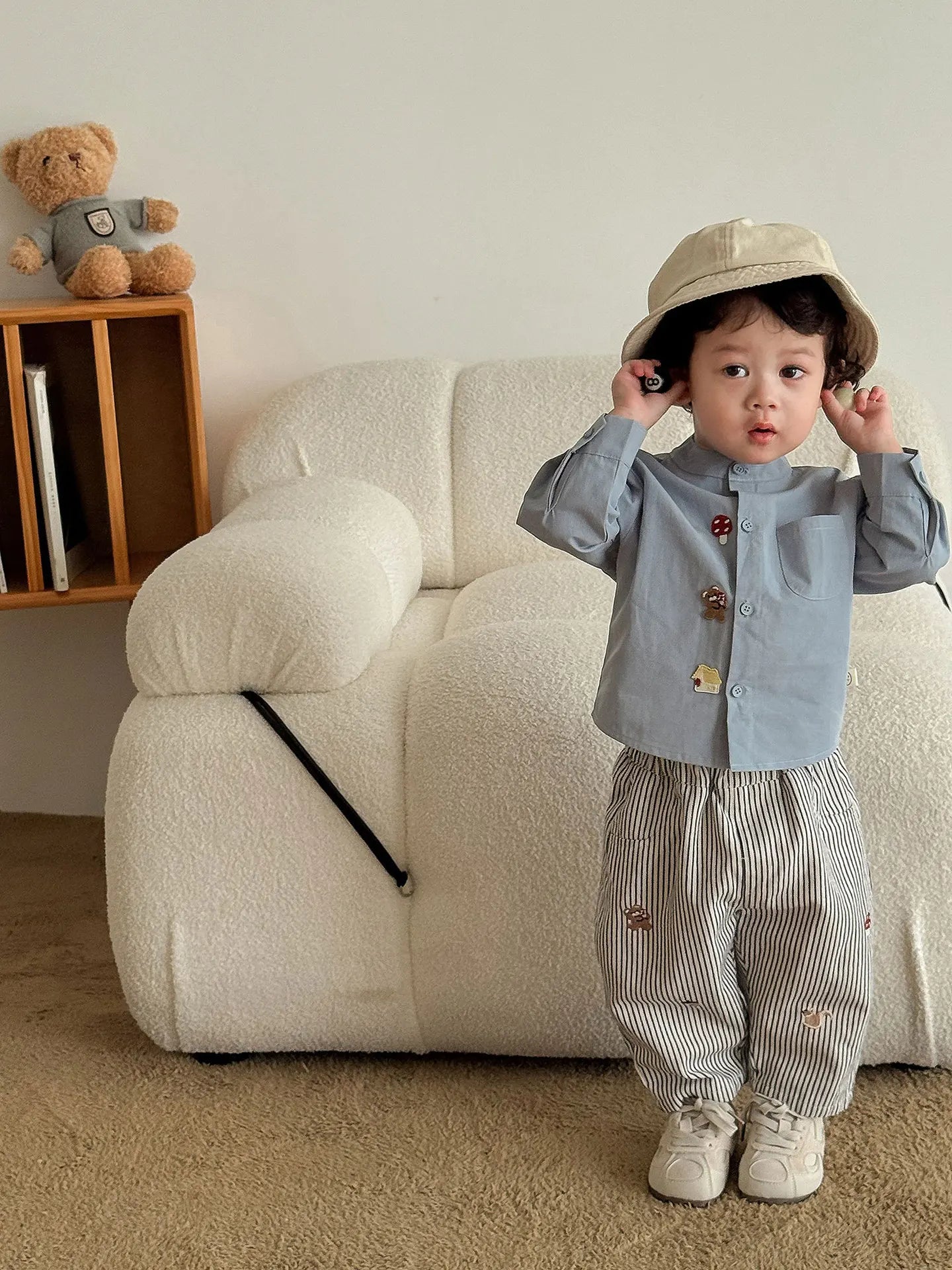 2026 Fall New Toddler Kids Pants Cotton Cartoon Embroidered Harem Pants Baby Boy Casual Striped Denim Baggy Trousers