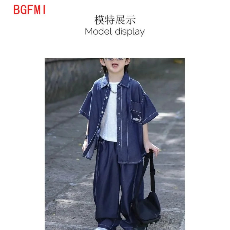 Teens Handsome Boy Short Sleeved Thin Denim Shirt and Pants 2pcs Set 2025 New Children's Summer Suit for Boys and Girls Outfits