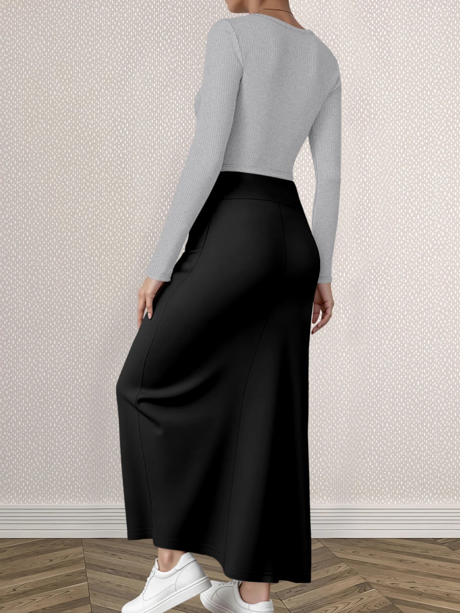 Mature Style Women 2Pcs Outfit, Ribbed Square Neck Crop Top + High Waist Draped A-Line Maxi Skirt