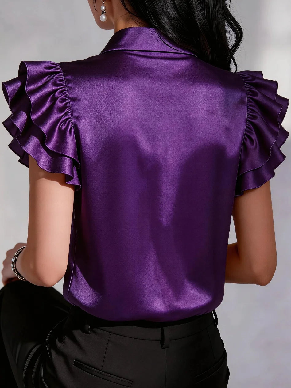 Women Elegant Satin Ruffle Sleeve Button Down Blouse Turn Down Collar Office Work Casual Shirt Top