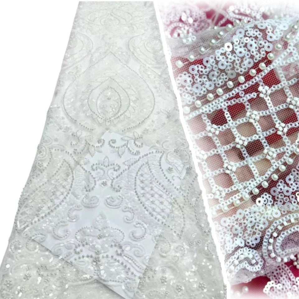African Tulle Lace Fabric French Sequins Fabric Sewing Embroidery With Beads Lace Tulle Mesh Nigeria Dress 5 Yards sewing SZ1682