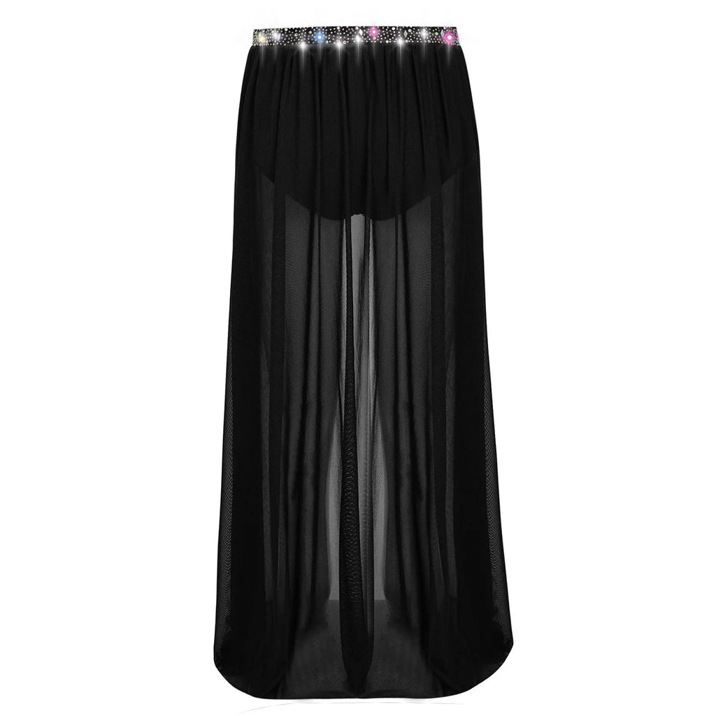 Kids Girls Lyrical Modern Dance Skirt Shiny Rhinestones Open Front Flowy Sheer Mesh Skirt with Built-in Briefs Ballet Dresses