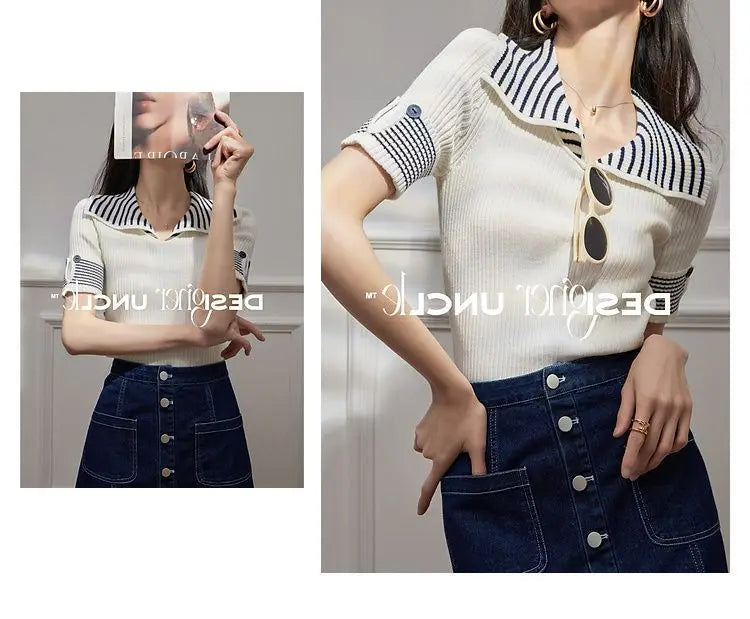 Women's T Shirts Polo Neck Shirt Top Short Sleeve Tee Clothes White Striped Cute Offer Premium With Collar Polyester Sale