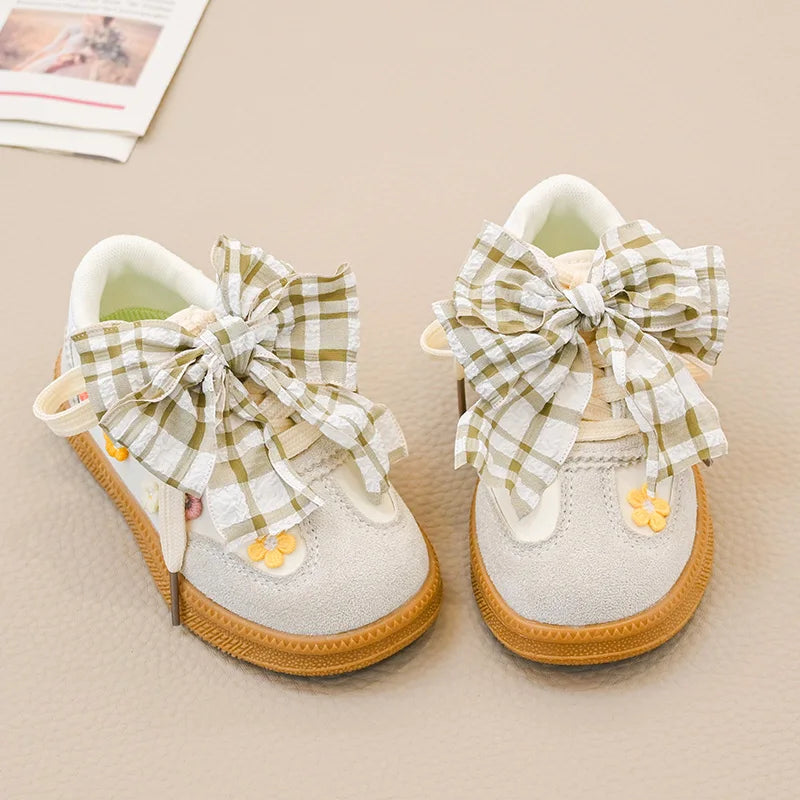 2026 New Girl Casual Sports Shoes Fashion Plaid Bowknot School Cute Flower Children Tennis Shoes Running Kids Patchwork Sneakers