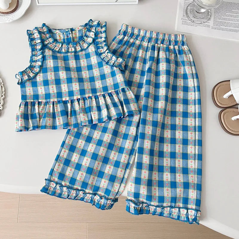Girls 3-Piece Outfit Set – Blue Plaid Floral Sleeveless Top + Wide Leg Pants & Shorts, Summer Mix & Match Clothes