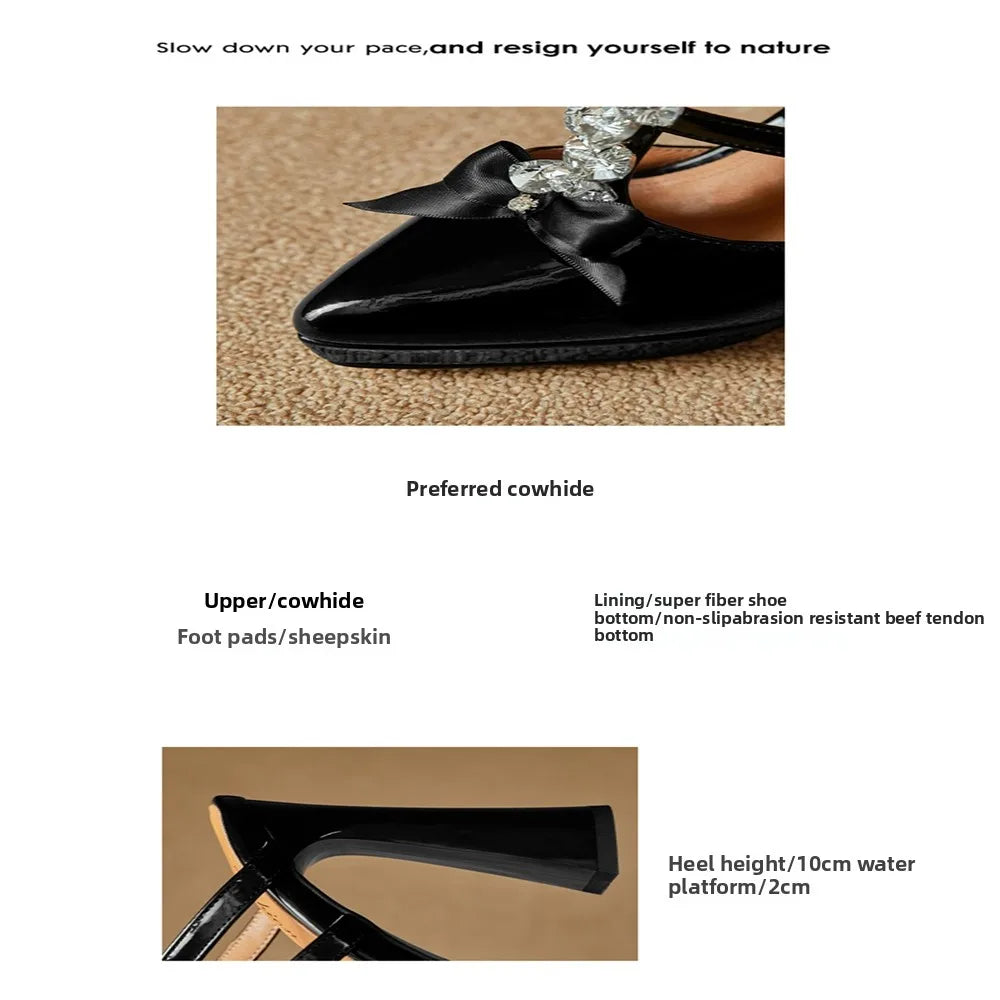 Thick High Heels Sandals Women Genuine Leather Fashion Rhinestone Bow Pointed Dress Wedding Party Dress Pumps Shoes 898-222